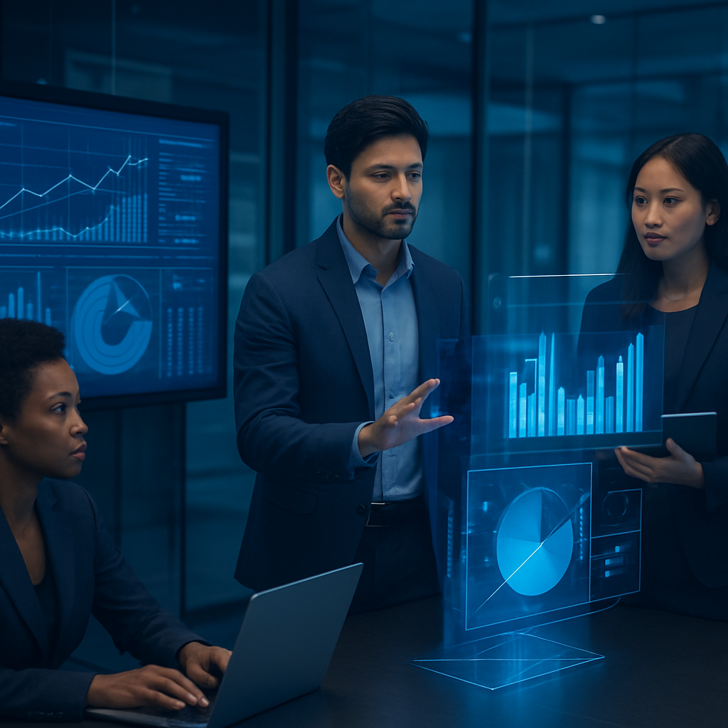 Neural Stack consultants collaborating on data dashboards in a modern office